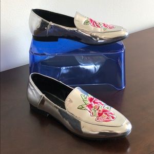 Metallic Silver Loafers with Floral Embroidery